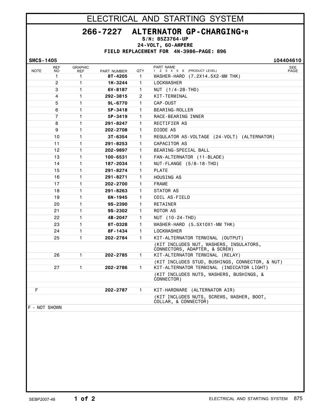 202-2785 KIT-ALTERNATOR TERMINAL · S/N 85Z3764-UP CAT parts manual diagram