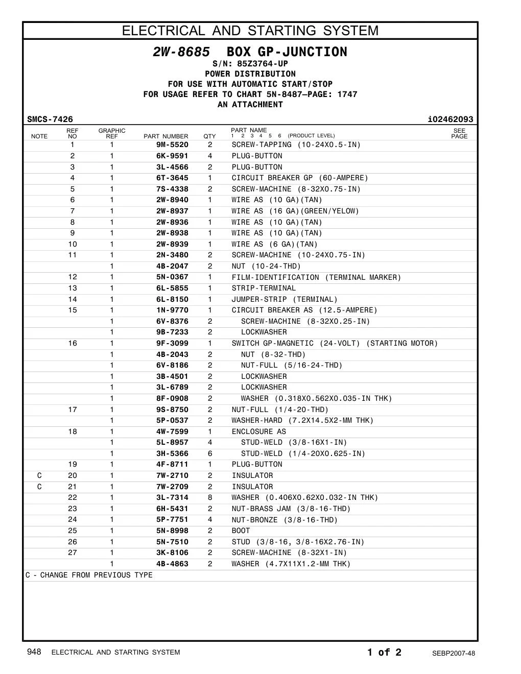 9F-3099 SWITCH GP-MAGNETIC (24-VOLT) (STARTING MOTOR) · S/N 85Z3764-UP CAT parts manual diagram