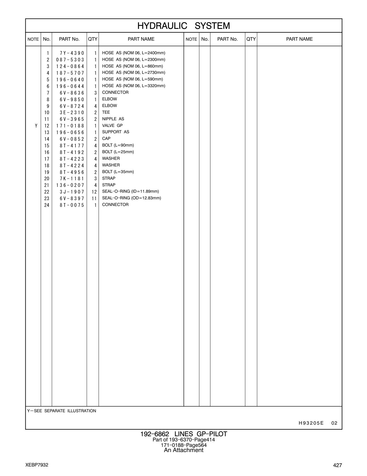 196-0644 HOSE AS (NOM 06, L=3320mm) CAT parts manual diagram