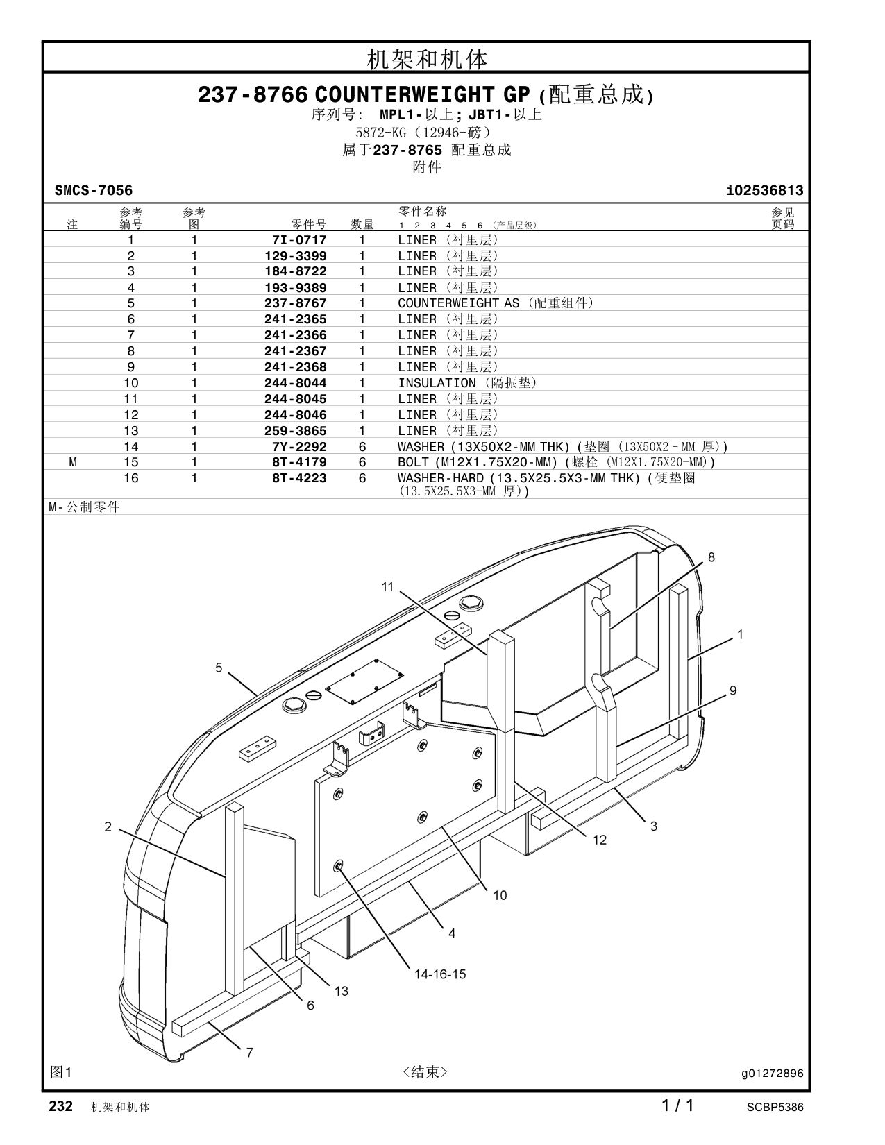 237-8767 COUNTERWEIGHT AS · S/N MPL1- CAT parts manual diagram