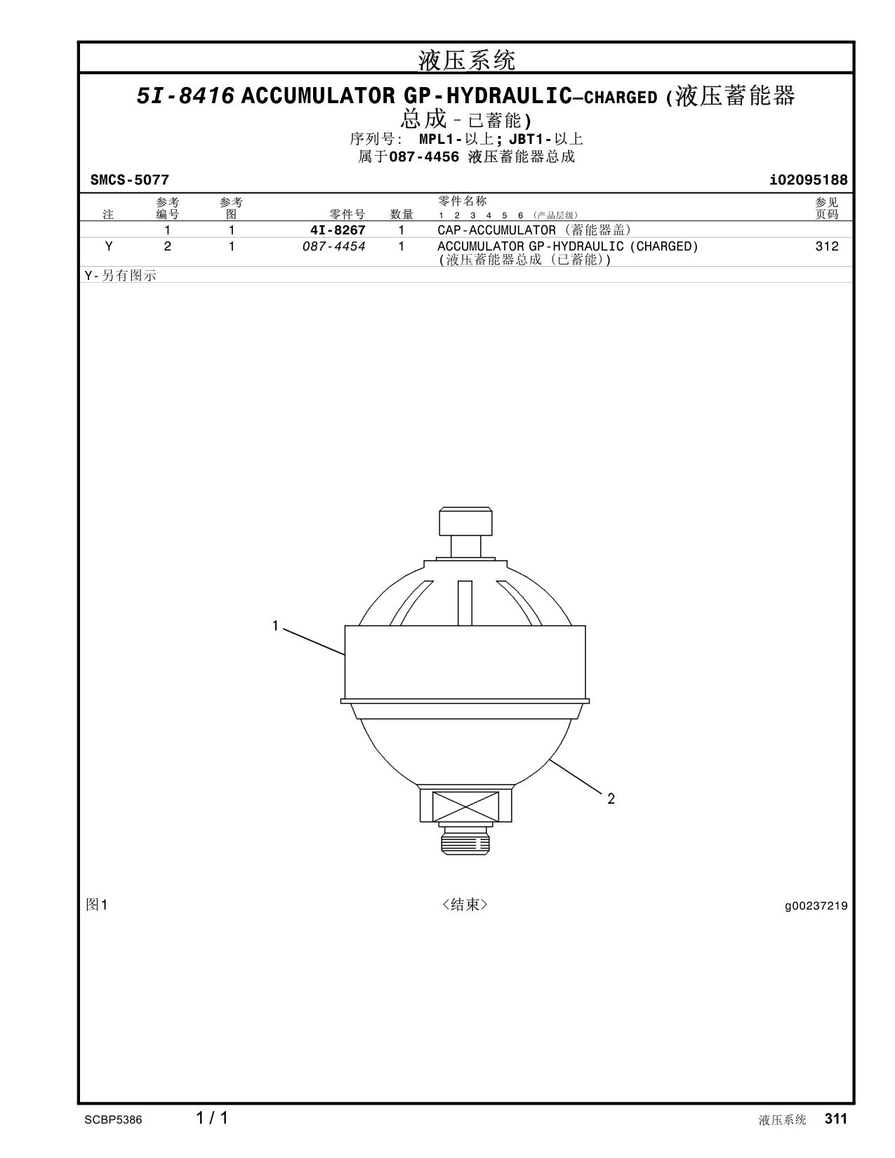 087-4454 ACCUMULATORGP-HYDRAULIC(CHARGED) 312 · S/N MPL1- CAT parts manual diagram