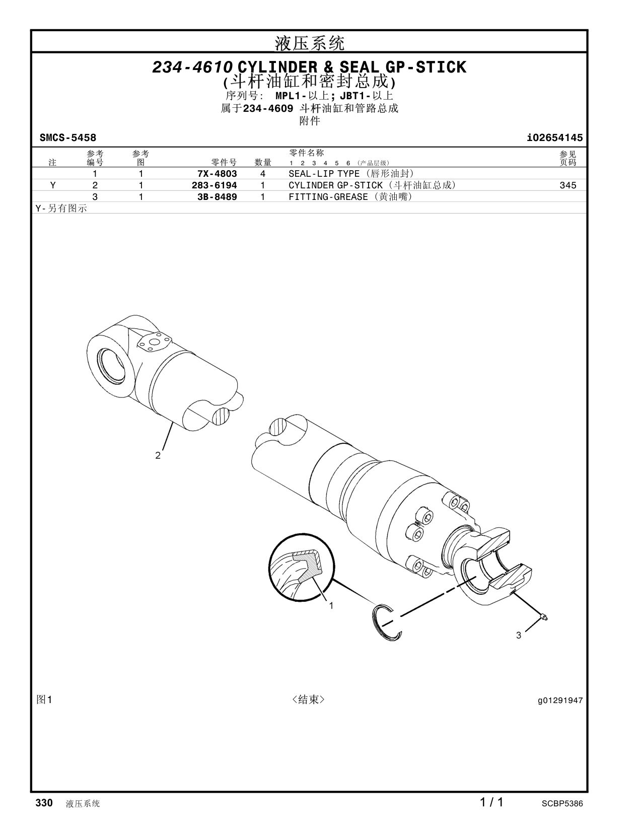 283-6194 CYLINDERGP-STICK ( 油缸总成) 345 · S/N MPL1- CAT parts manual diagram
