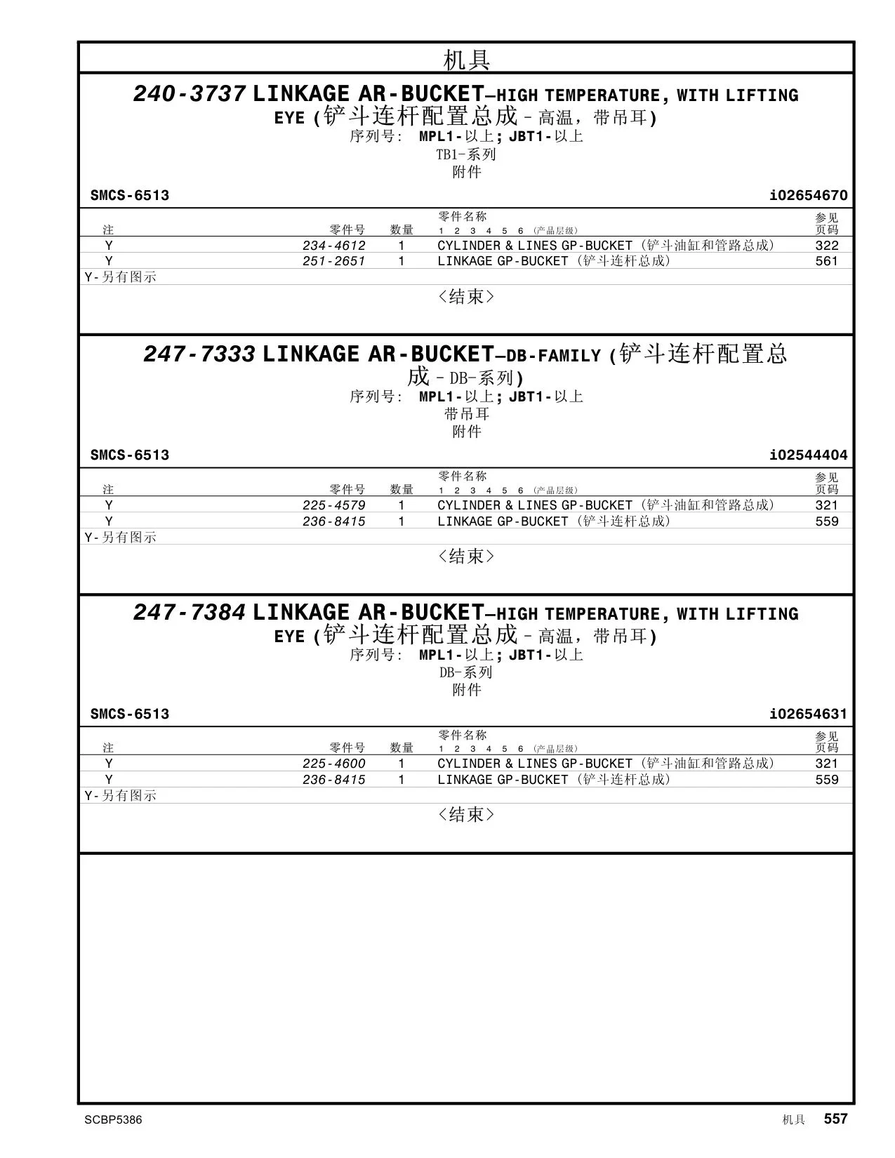 236-8415 - LINKAGE GP-BUCKET (铲斗连杆总成) <结束> AR-BUCKET–HIGH TEMPERATURE, WITH LIFTING (铲斗连杆配置总成–高温，带吊耳) 序列号: DB-系列 附件 零件名称 零件号