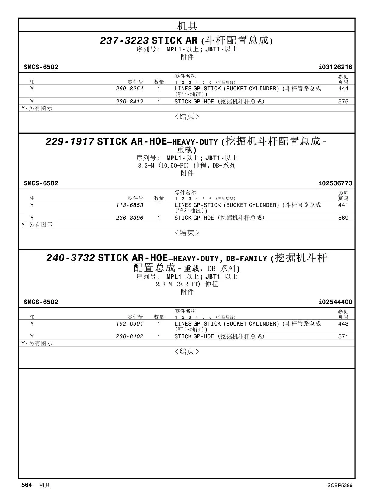 236-8412 - STICK GP-HOE (挖掘机 总成) <结束> AR-HOE–HEAVY-DUTY  MPL1-以上; JBT1-以上 序列号: 3.2-M 附件 零件名称 零件号