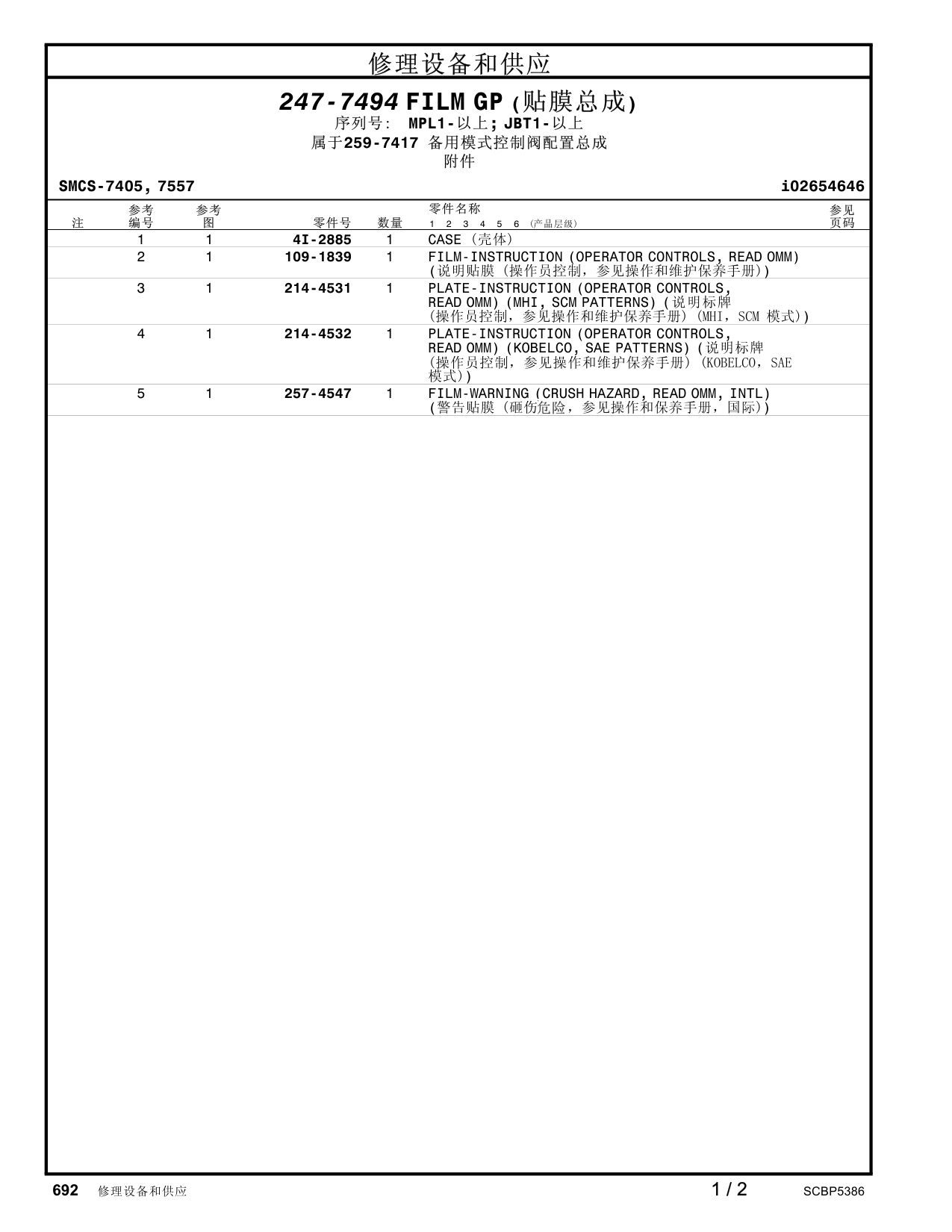 257-4547 FILM-WARNING(CRUSHHAZARD,READOMM,INTL) · S/N MPL1- CAT parts manual diagram