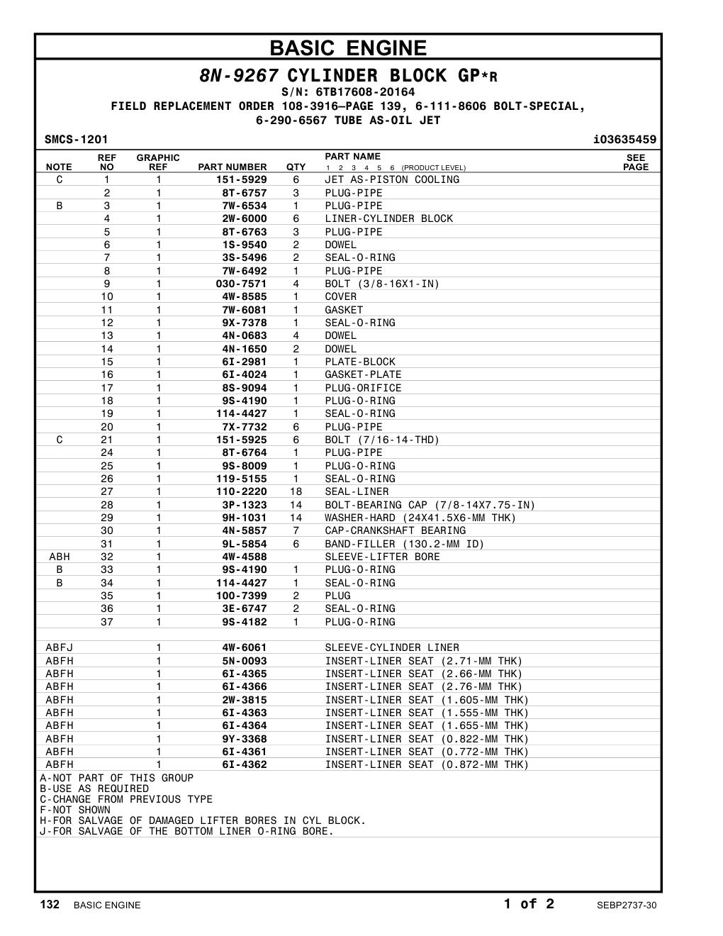 110-2220 SEAL-LINER · S/N 6TB17608-20164 CAT parts manual diagram