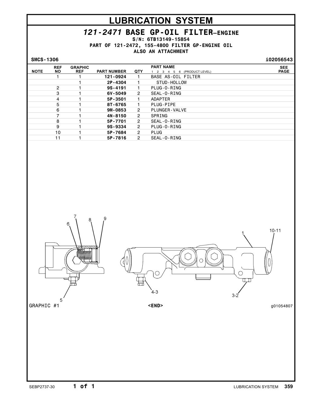 121-0924 BASE AS-OIL FILTER · S/N 6TB13149-15854 CAT parts manual diagram