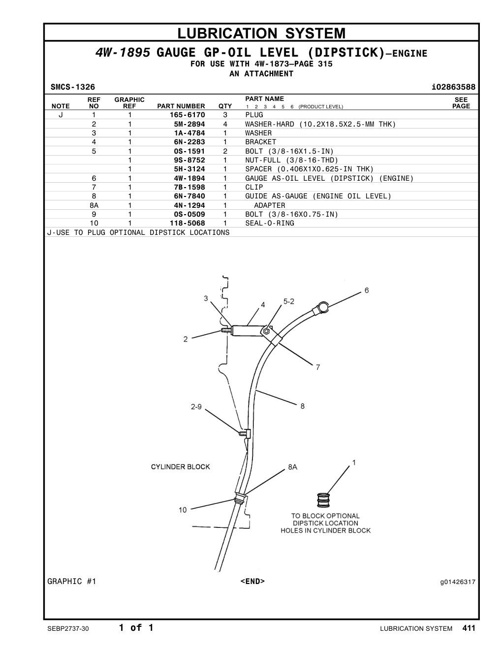 4W-1894 GAUGE AS-OIL LEVEL (DIPSTICK) (ENGINE) CAT parts manual diagram