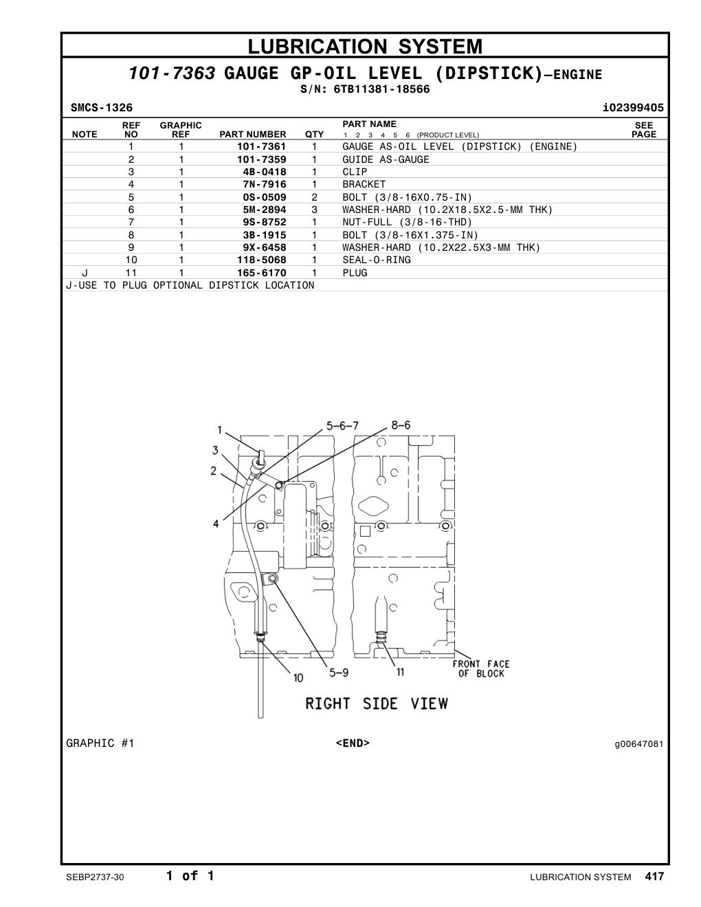 101-7361 GAUGE AS-OIL LEVEL (DIPSTICK) (ENGINE) · S/N 6TB11381-18566 CAT parts manual diagram