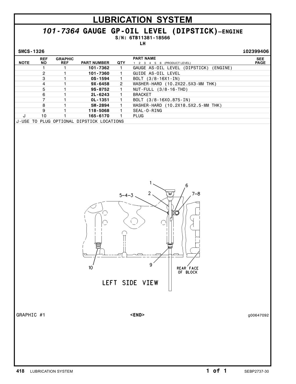 101-7362 GAUGE AS-OIL LEVEL (DIPSTICK) (ENGINE) · S/N 6TB11381-18566 CAT parts manual diagram