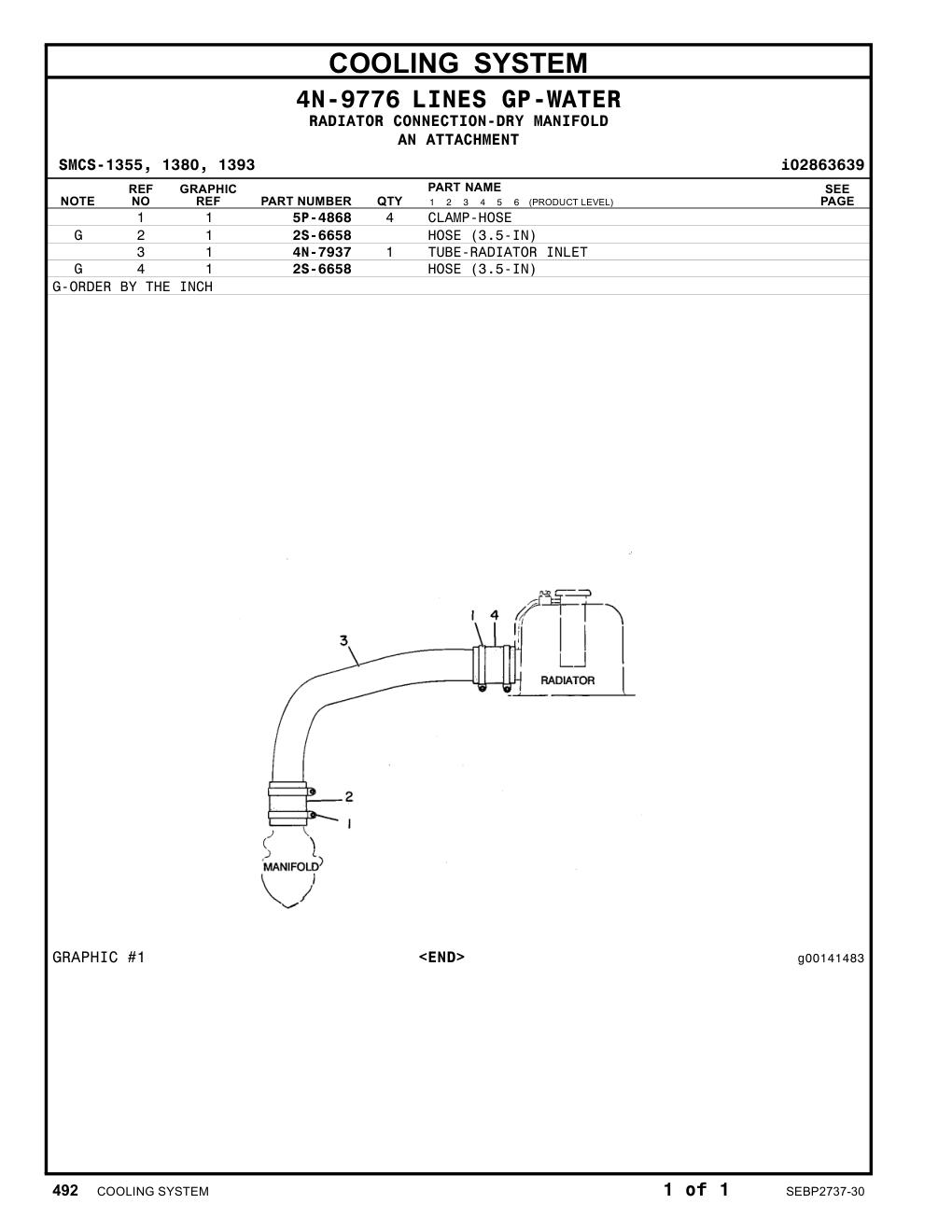 4N-7937 TUBE-RADIATOR INLET CAT parts manual diagram