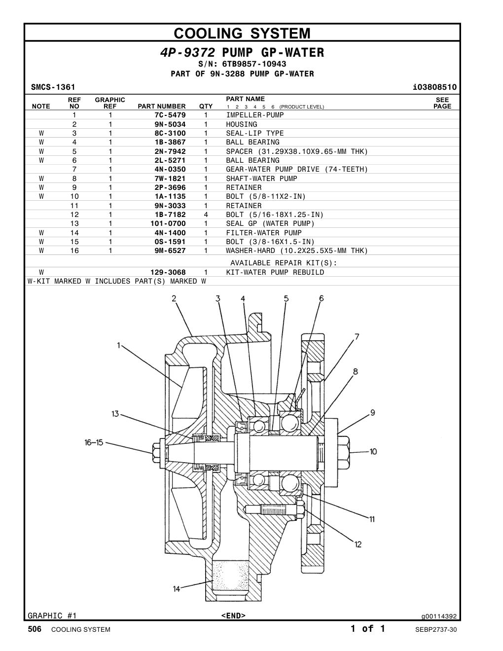 101-0700 SEAL GP (WATER PUMP) · S/N 6TB9857-10943 CAT parts manual diagram