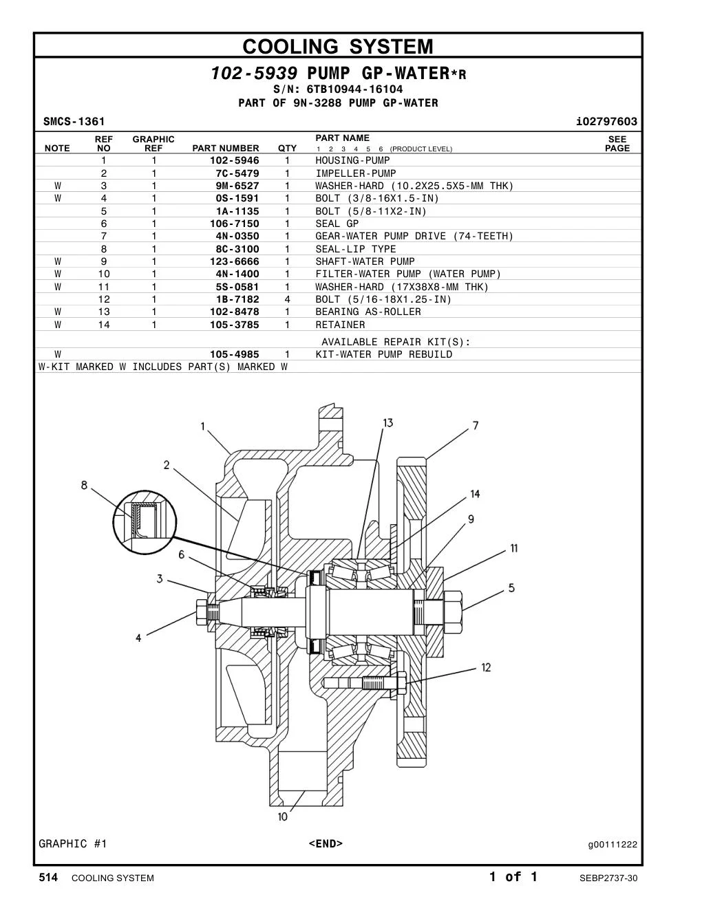 102-5946 HOUSING-PUMP · S/N 6TB10944-16104 CAT parts manual diagram