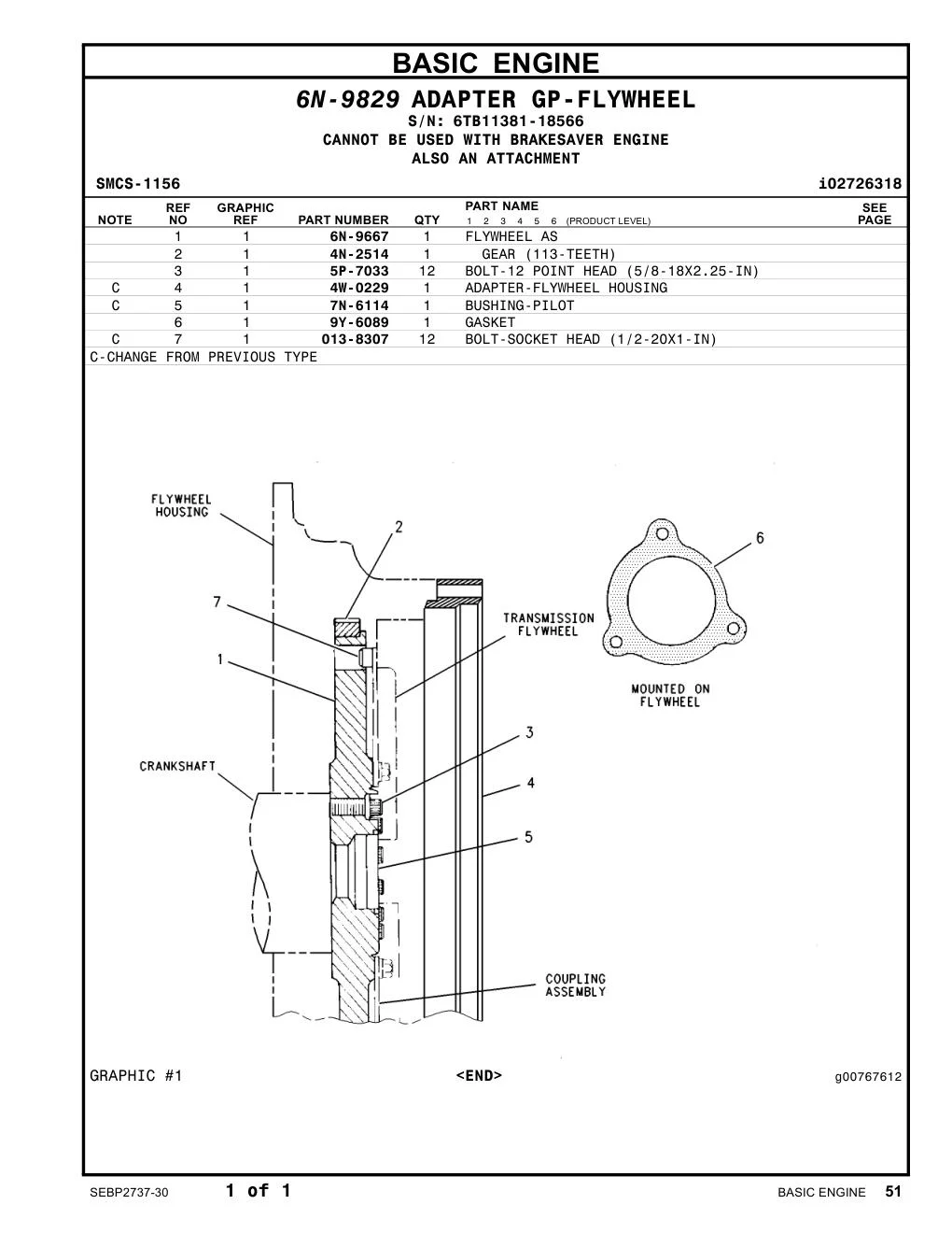 6N-9667 FLYWHEEL AS · S/N 6TB11381-18566 CAT parts manual diagram