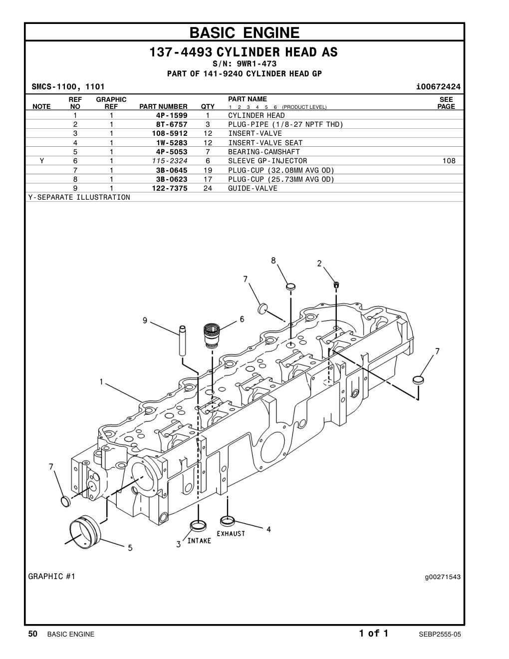 4P-1599 CYLINDER HEAD · S/N 9WR1-473 CAT parts manual diagram