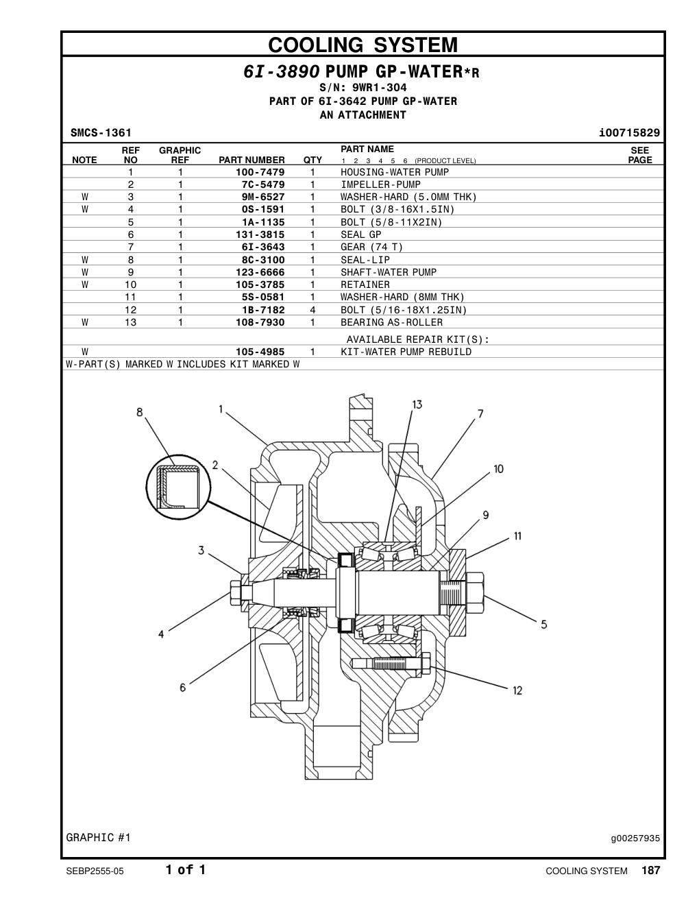 100-7479 HOUSING-WATER PUMP · S/N 9WR1-304 CAT parts manual diagram