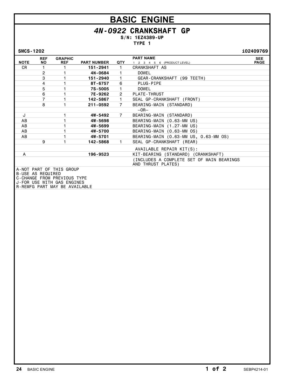 211-0592 BEARING-MAIN (STANDARD) · S/N 1EZ4389-UP CAT parts manual diagram