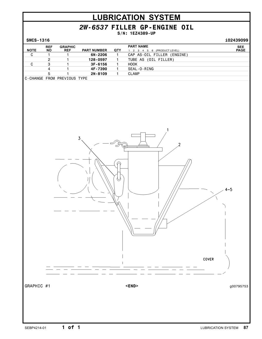 128-0597 TUBE AS (OIL FILLER) · S/N 1EZ4389-UP CAT parts manual diagram