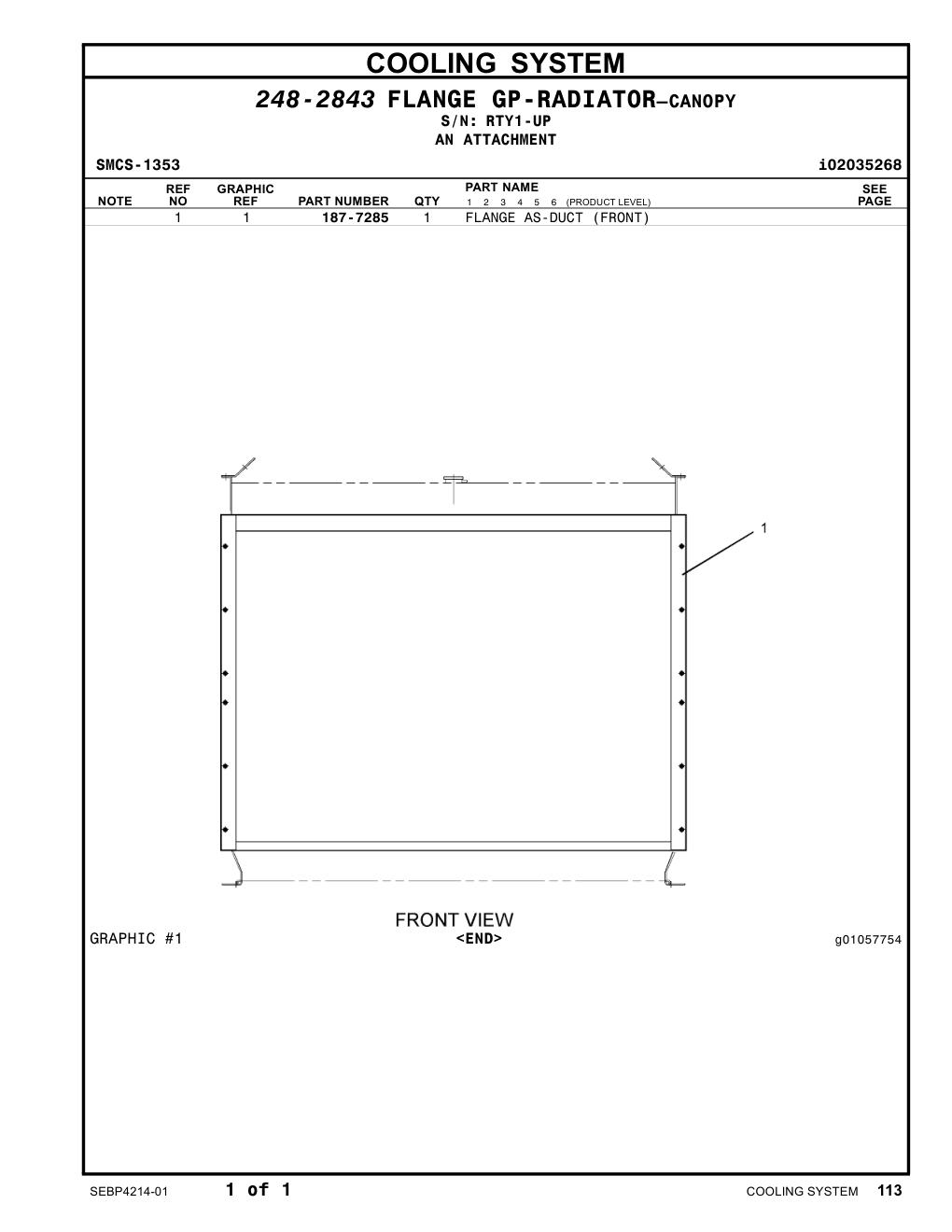 187-7285 FLANGE AS-DUCT (FRONT) · S/N RTY1-UP CAT parts manual diagram