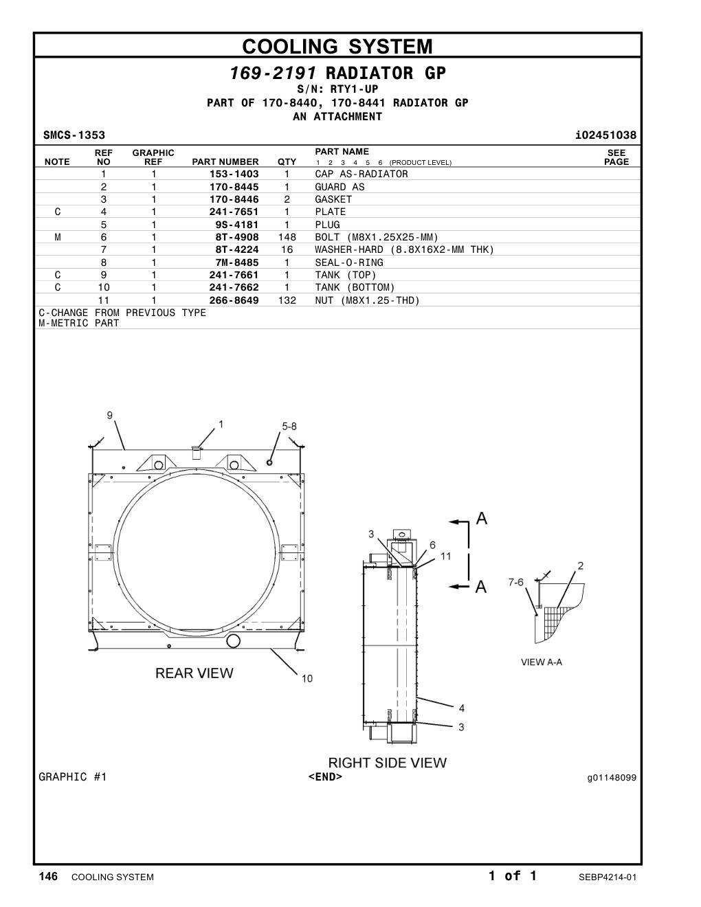 170-8446 GASKET · S/N RTY1-UP CAT parts manual diagram