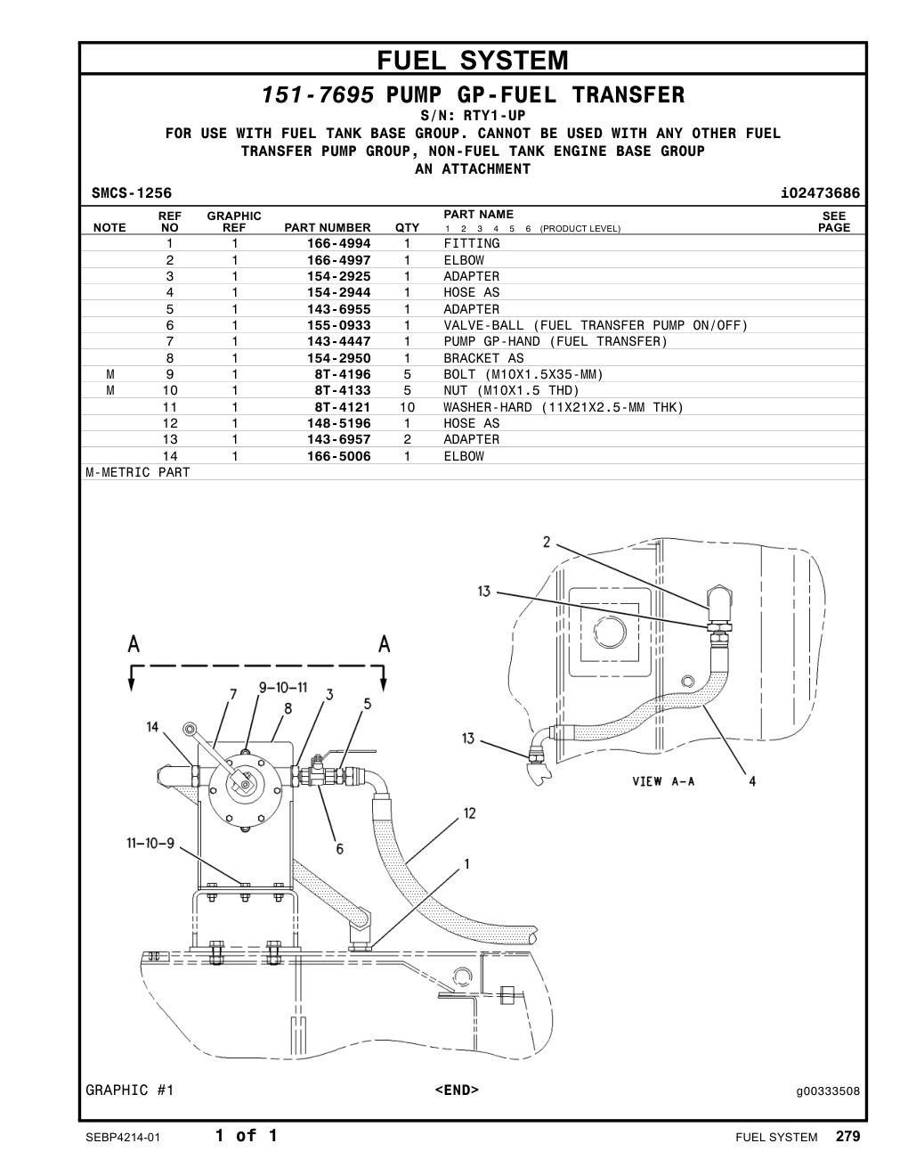 155-0933 VALVE-BALL (FUEL TRANSFER PUMP ON/OFF) · S/N RTY1-UP CAT parts manual diagram