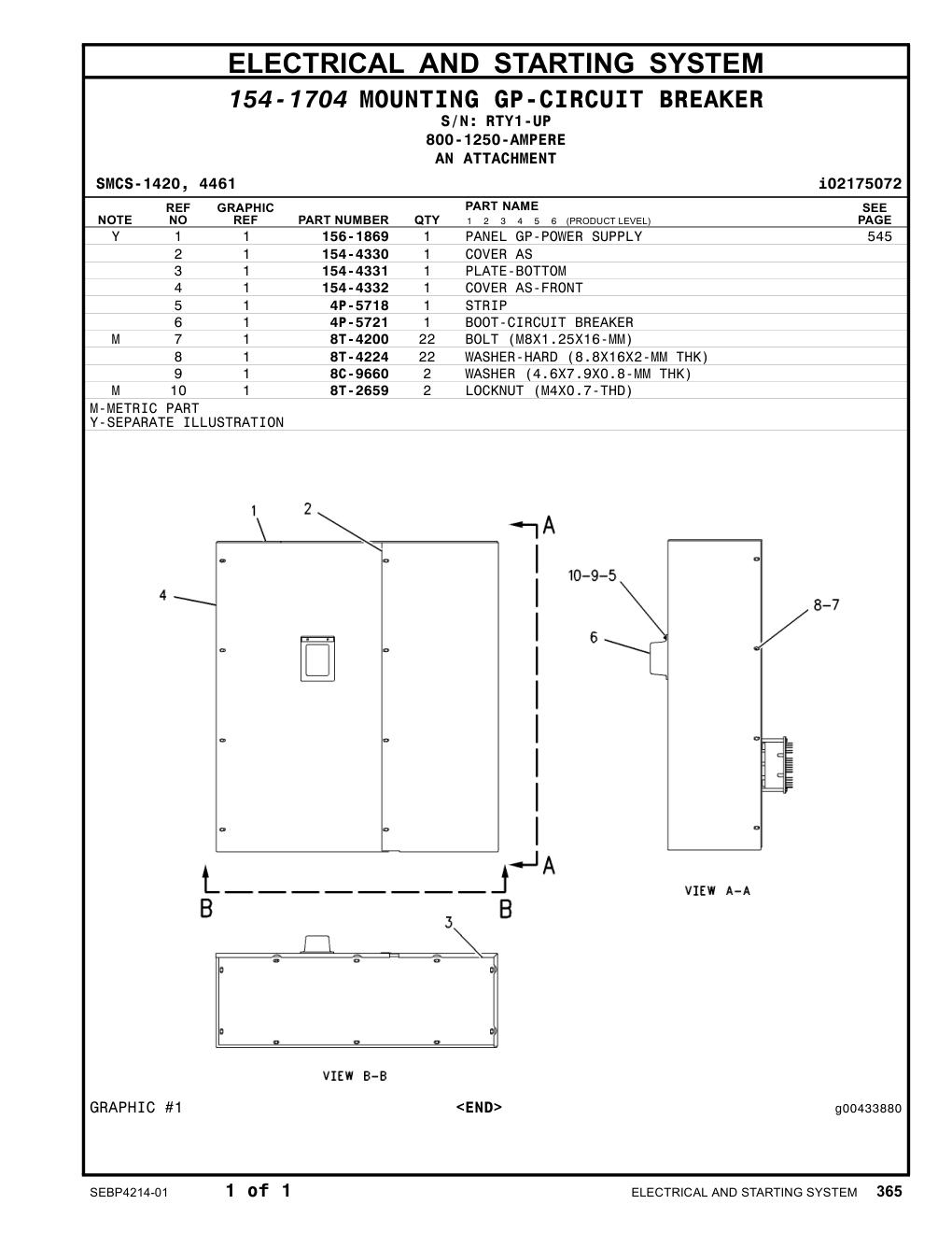 156-1869 PANEL GP-POWER SUPPLY · S/N RTY1-UP CAT parts manual diagram
