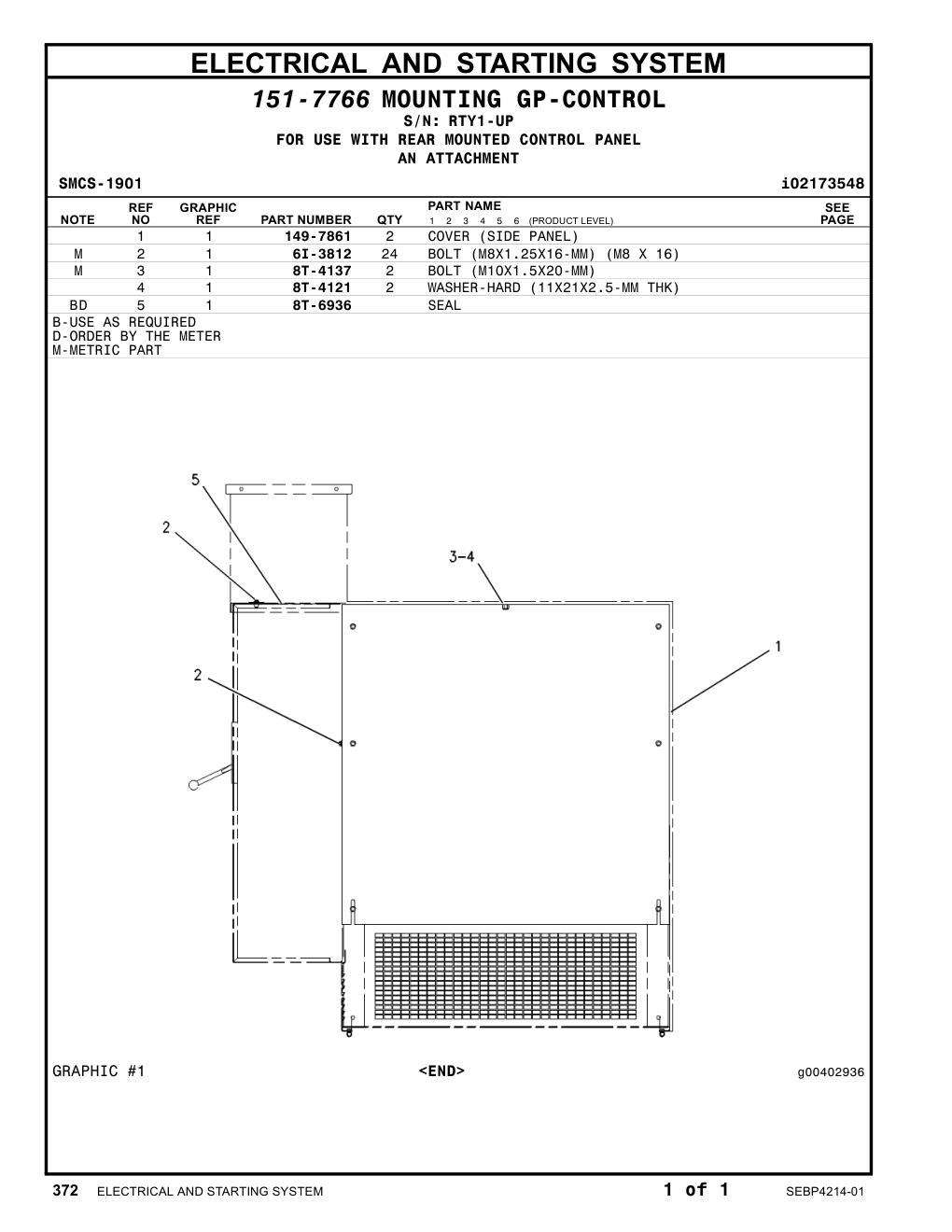 149-7861 COVER (SIDE PANEL) · S/N RTY1-UP CAT parts manual diagram