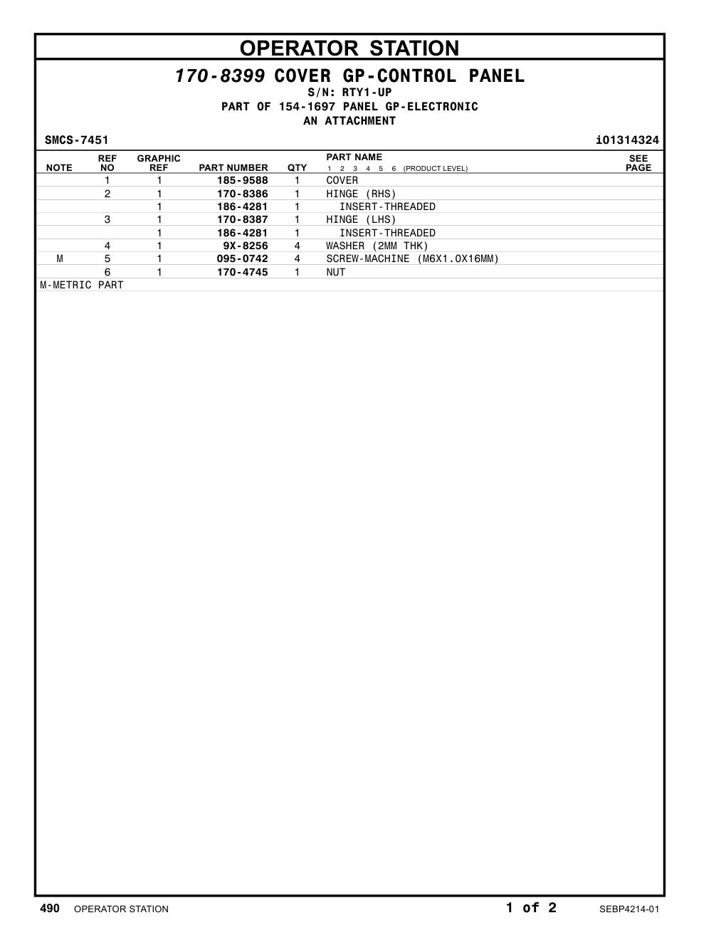 170-8386 HINGE (RH) · S/N RTY1-UP CAT parts manual diagram