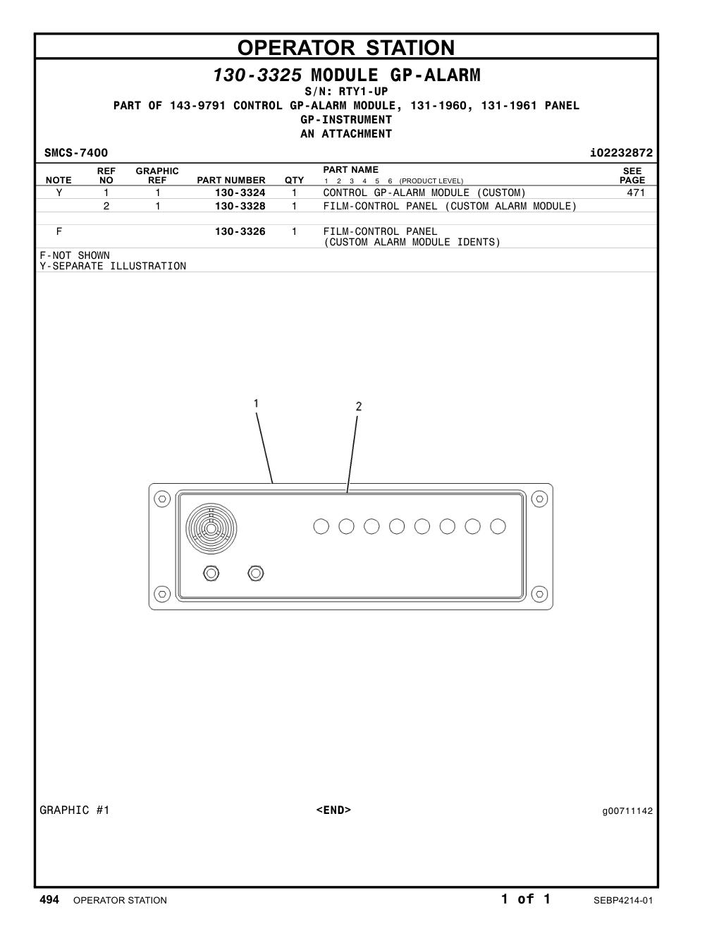 130-3324 CONTROL GP-ALARM MODULE · S/N RTY1-UP CAT parts manual diagram