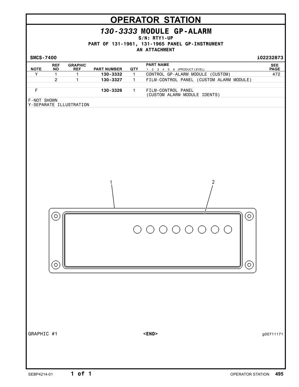 130-3327 FILM-CONTROL PANEL (CUSTOM ALARM MODULE) · S/N RTY1-UP CAT parts manual diagram