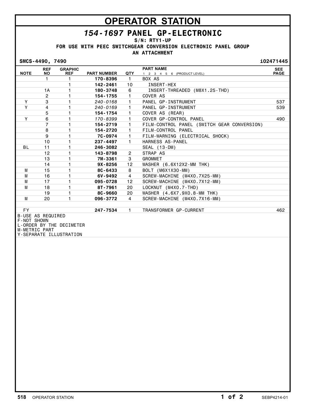 154-2720 FILM-CONTROL PANEL · S/N RTY1-UP CAT parts manual diagram