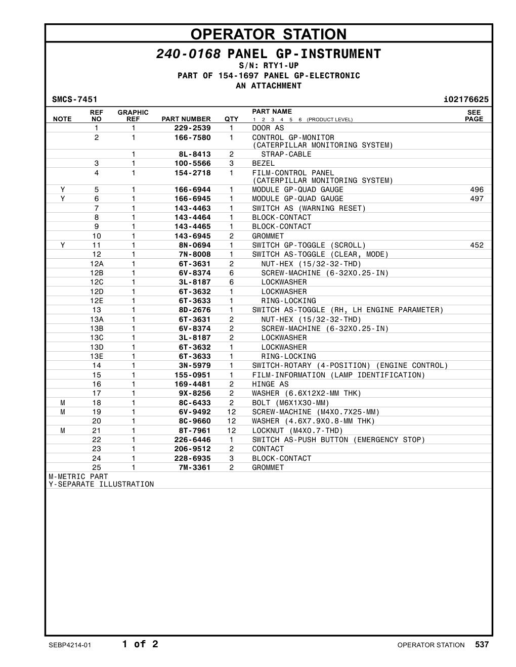 143-4463 SWITCH AS (WARNING RESET) · S/N RTY1-UP CAT parts manual diagram