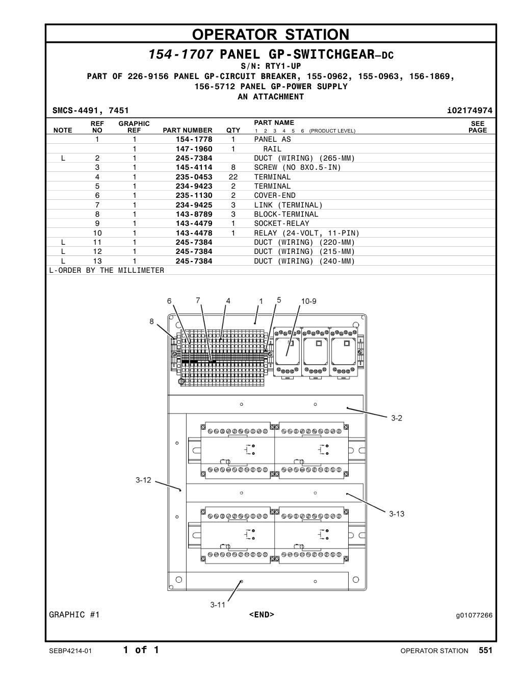 154-1778 PANEL AS · S/N RTY1-UP CAT parts manual diagram