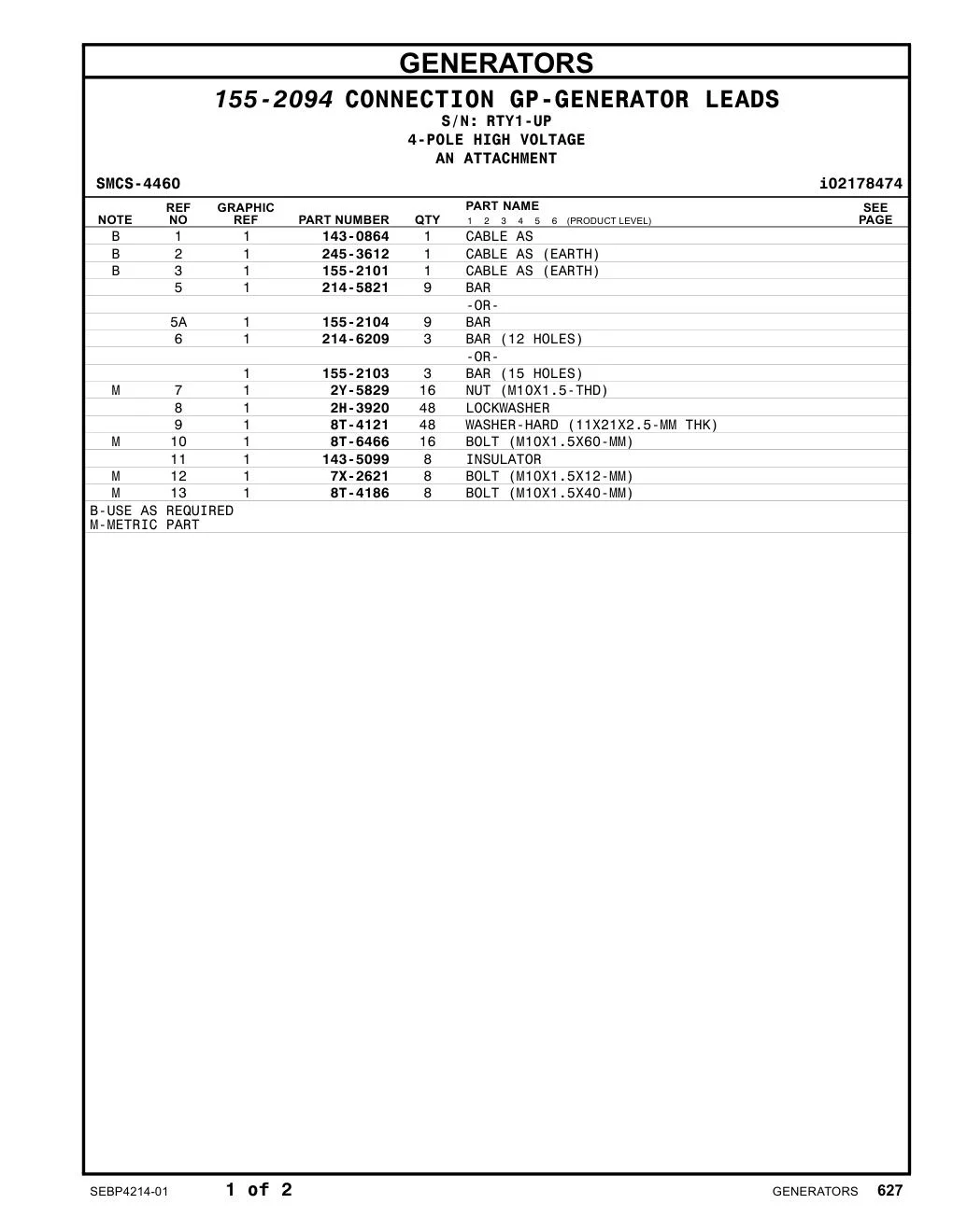 245-3612 CABLE AS (EARTH) · S/N RTY1-UP CAT parts manual diagram