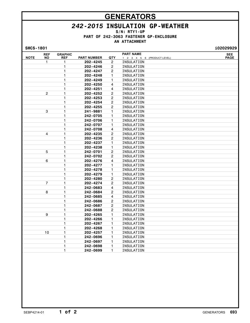 242-0708 INSULATION · S/N RTY1-UP CAT parts manual diagram