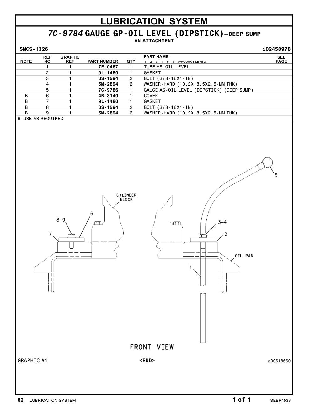 7C-9786 GAUGE AS-OIL LEVEL (DIPSTICK) (DEEP SUMP) CAT parts manual diagram