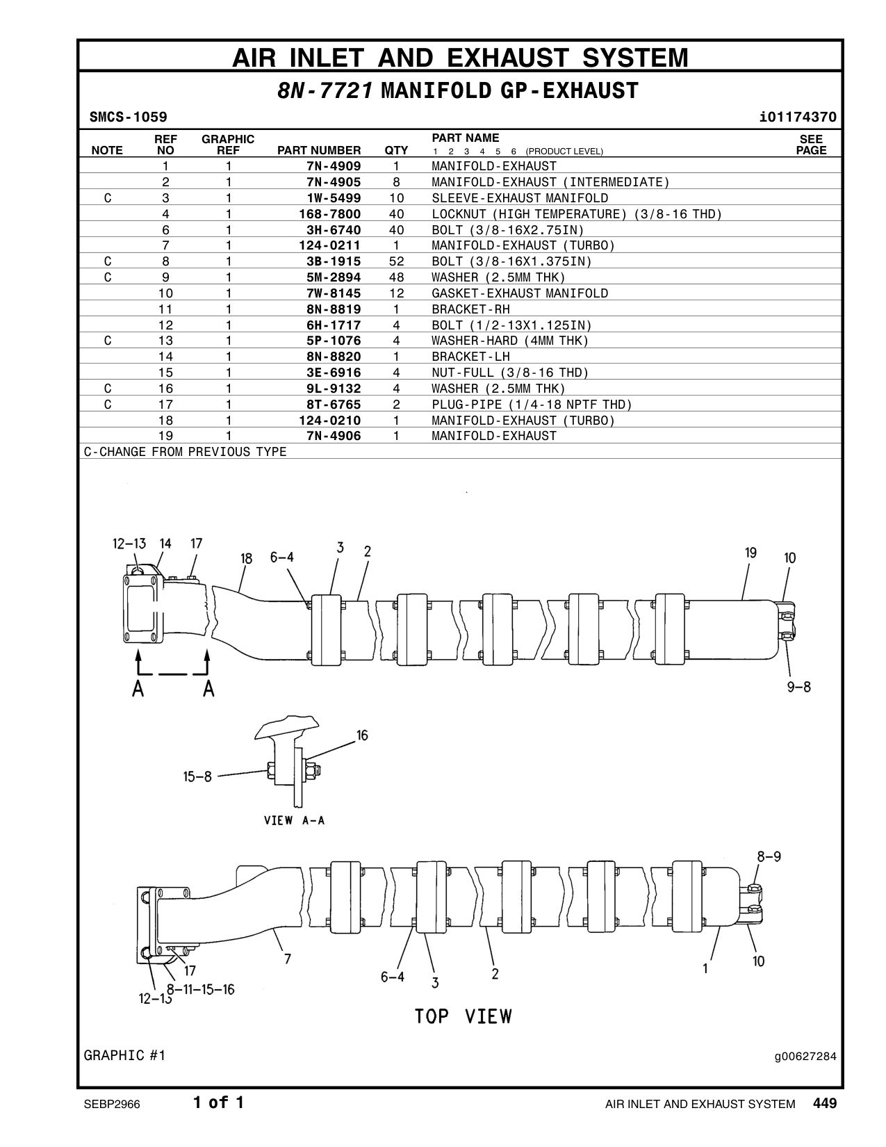 124-0210 MANIFOLD-EXHAUST (TURBO) CAT parts manual diagram
