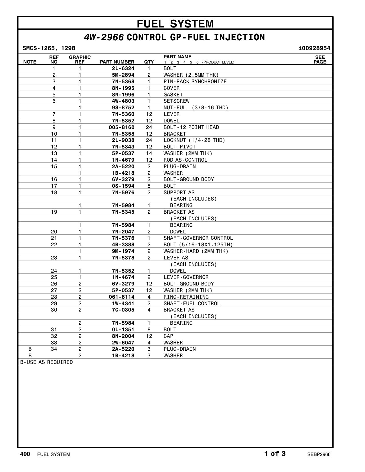 1W-4341 SHAFT-FUEL CONTROL CAT parts manual diagram