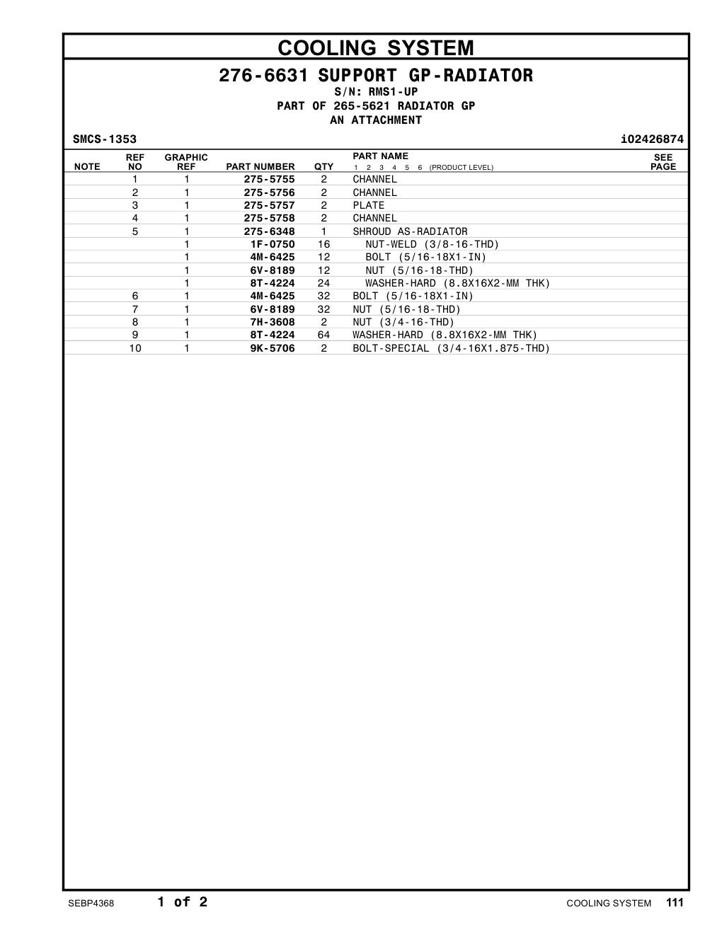 275-5755 CHANNEL · S/N RMS1-UP CAT parts manual diagram