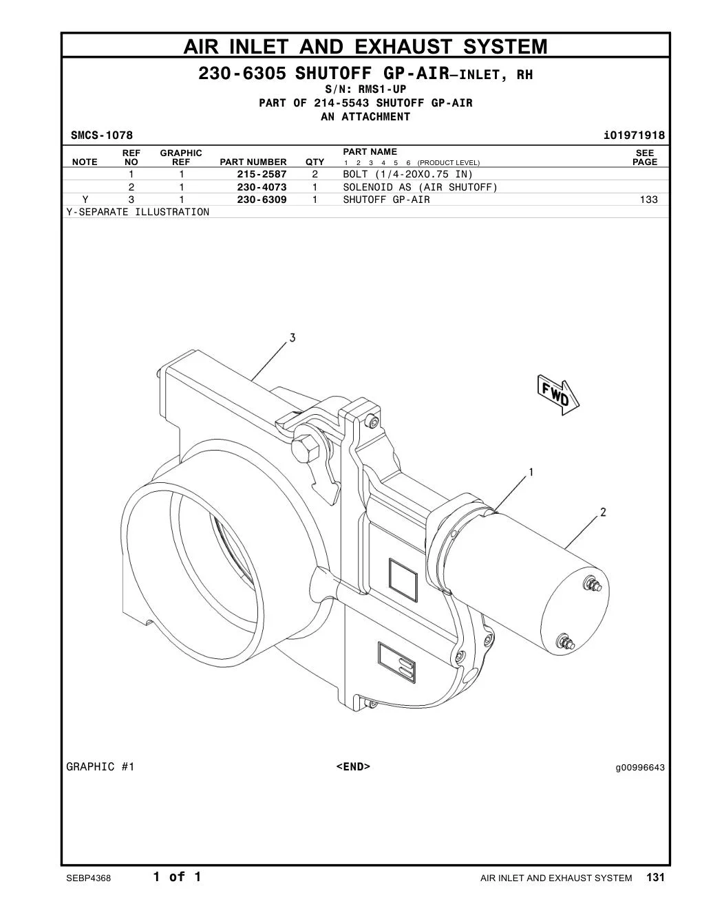 230-4073 SOLENOID AS (AIR SHUTOFF) · S/N RMS1-UP CAT parts manual diagram