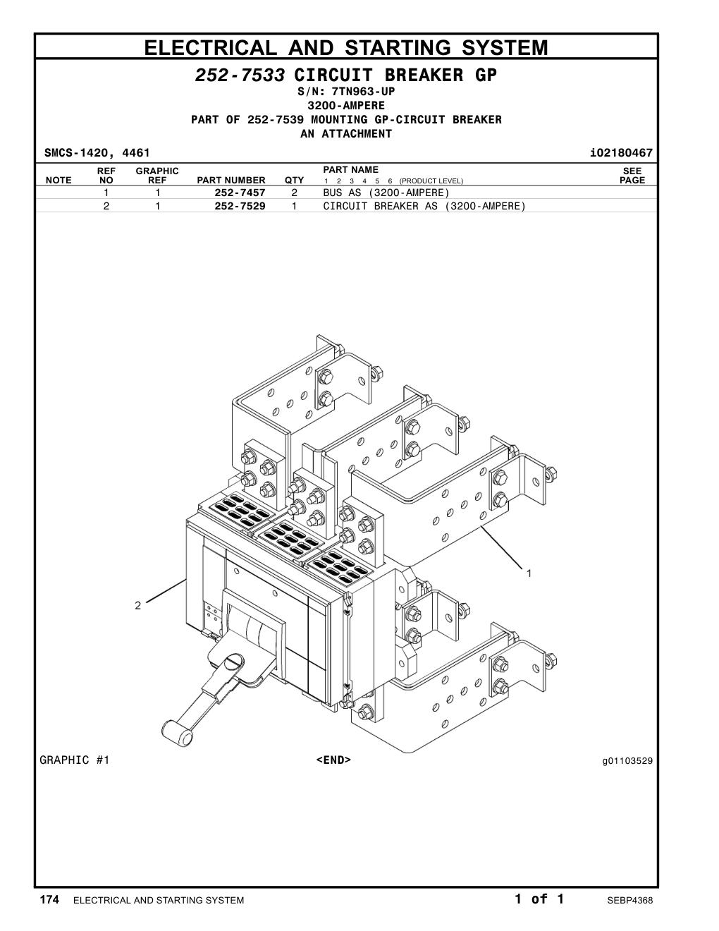 252-7529 CIRCUIT BREAKER AS (3200-AMPERE) · S/N 7TN963-UP CAT parts manual diagram