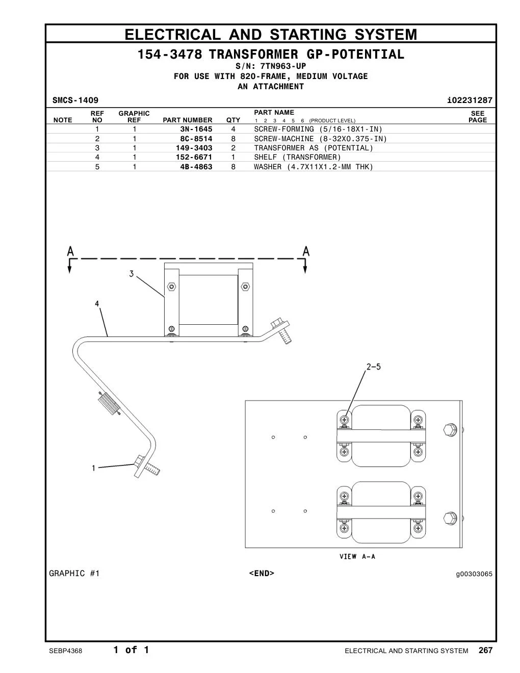 149-3403 TRANSFORMER AS (POTENTIAL) · S/N 7TN963-UP CAT parts manual diagram