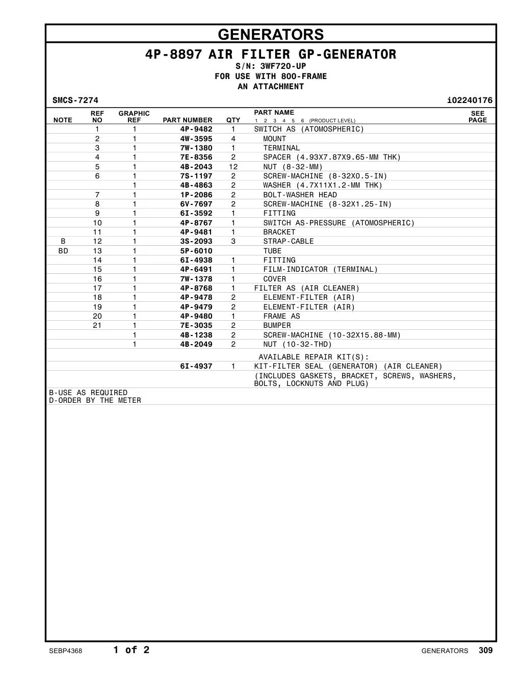 4P-9479 ELEMENT-FILTER (AIR) · S/N 3WF720-UP CAT parts manual diagram