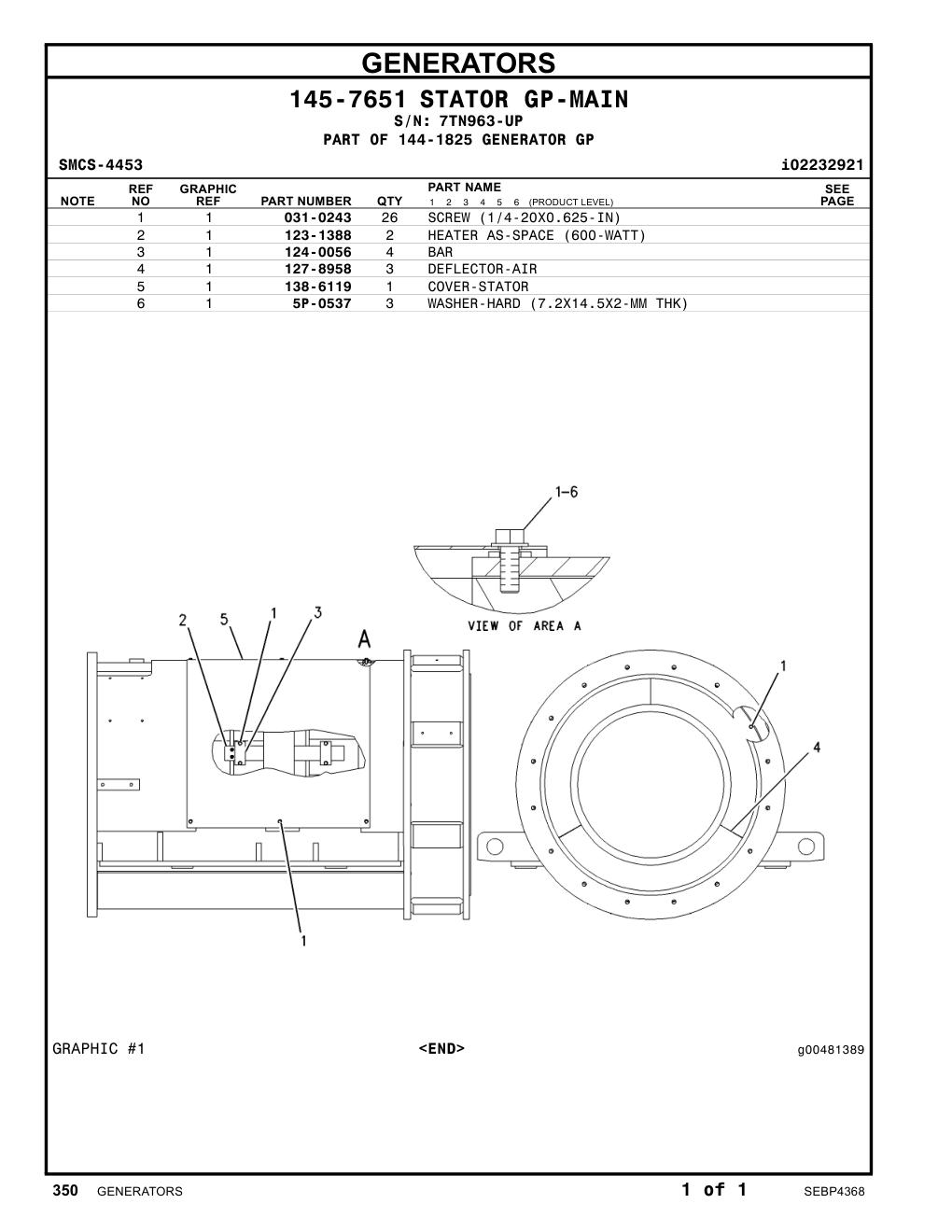 138-6119 COVER-STATOR · S/N 7TN963-UP CAT parts manual diagram