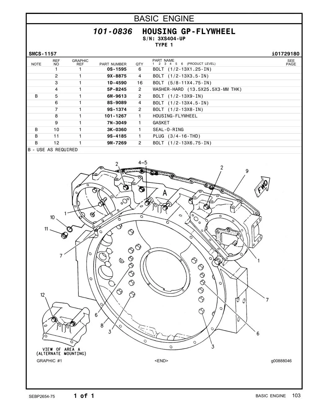 101-1267 HOUSING-FLYWHEEL · S/N 3XS404-UP CAT parts manual diagram