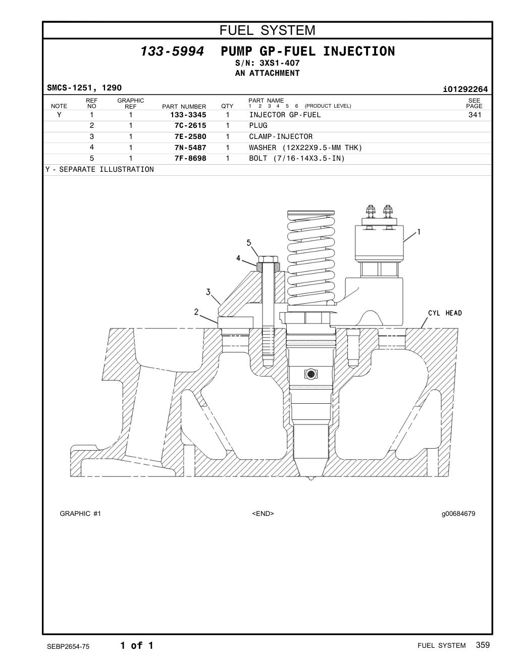 133-3345 INJECTOR GP-FUEL · S/N 3XS1-407 CAT parts manual diagram