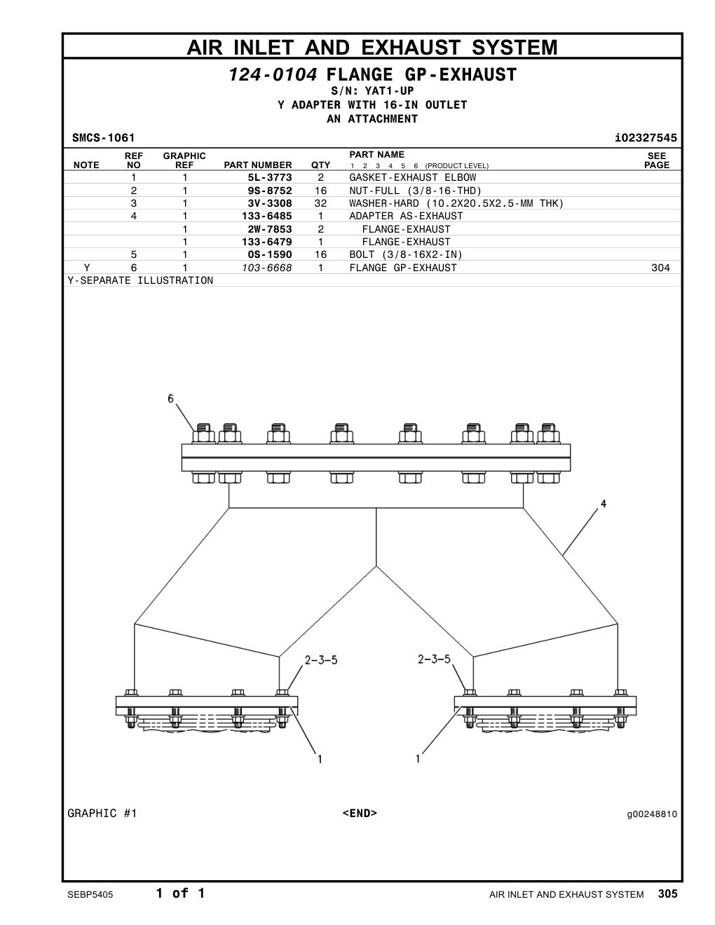 133-6485 ADAPTER AS-EXHAUST · S/N YAT1-UP CAT parts manual diagram