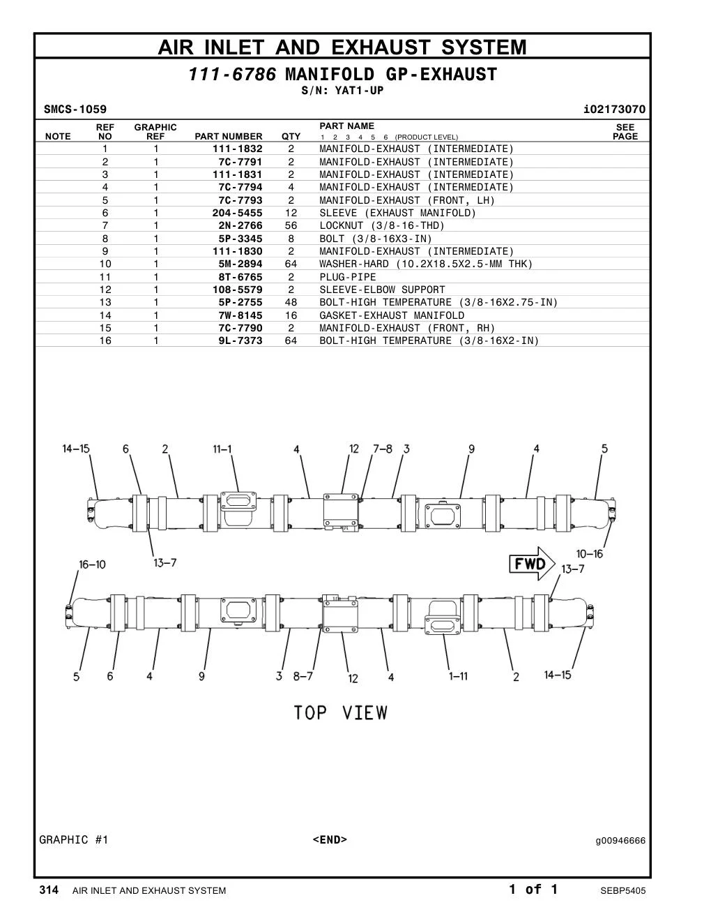 111-1831 MANIFOLD-EXHAUST (INTERMEDIATE) · S/N YAT1-UP CAT parts manual diagram