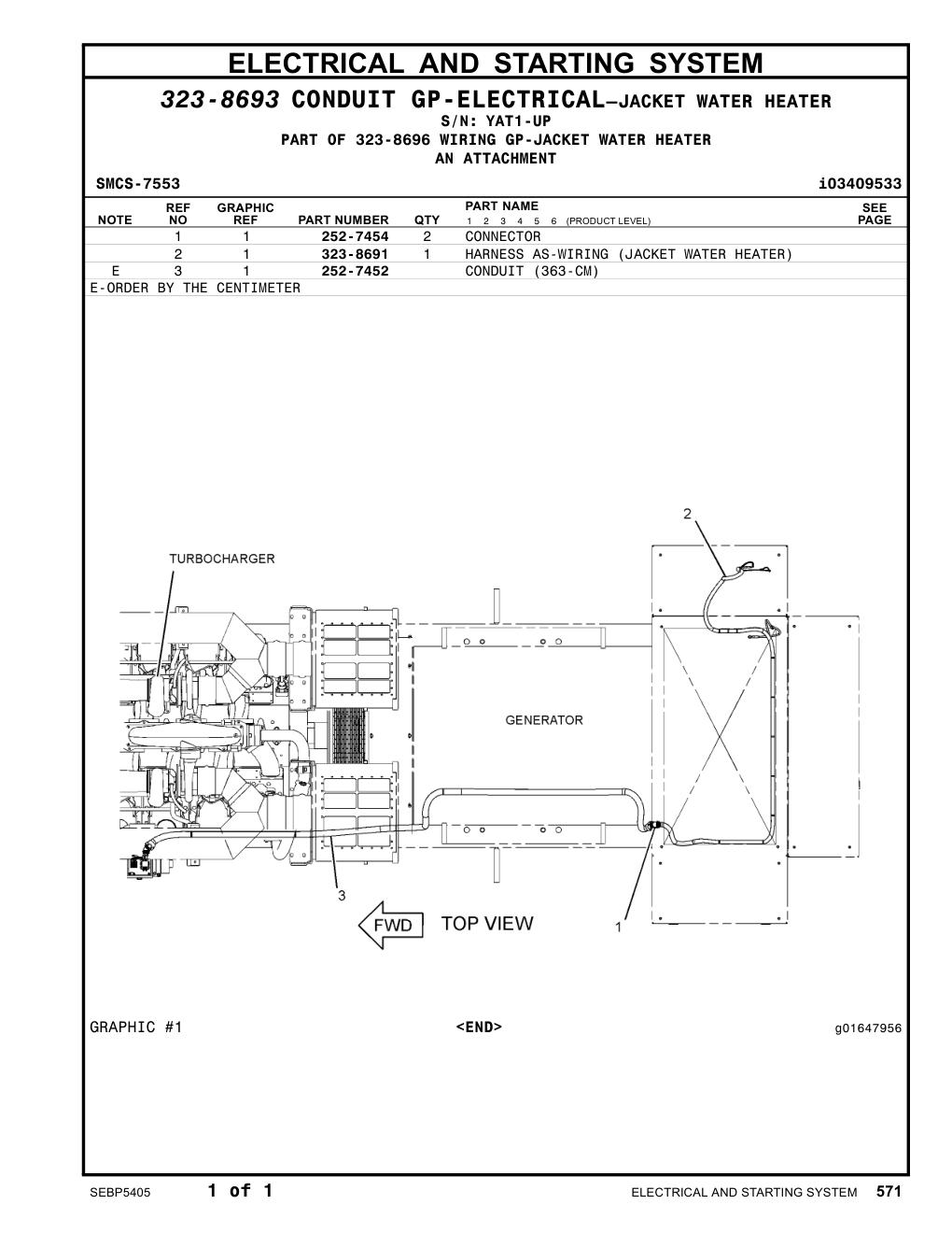 323-8691 HARNESS AS-WIRING (JACKET WATER HEATER) · S/N YAT1-UP CAT parts manual diagram