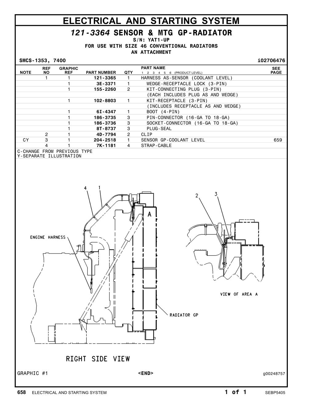 121-3365 HARNESS AS-SENSOR (COOLANT LEVEL) · S/N YAT1-UP CAT parts manual diagram